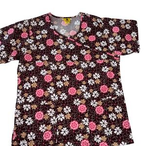 Black Star Floral Mock Wrap Scrub Top Brown Pink White Style 731 Small NWT
